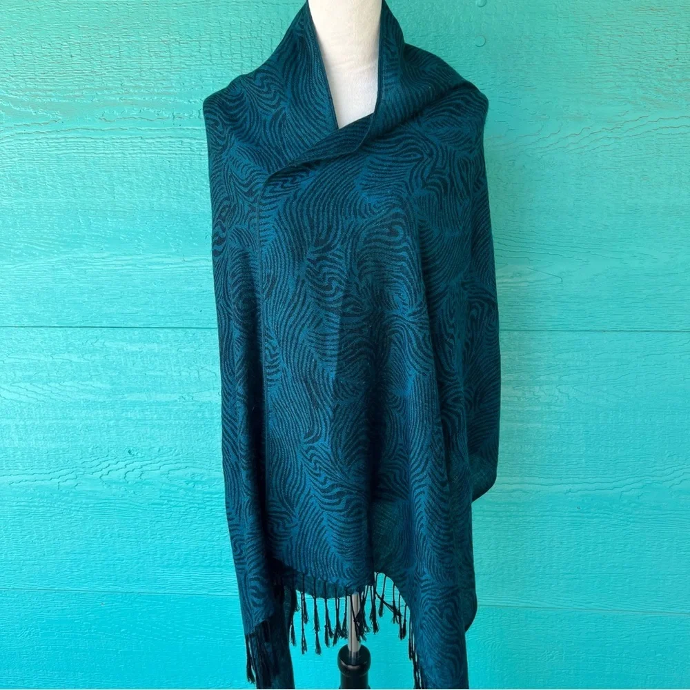 100% CASHMERE DARK TEAL BLUE AND BLACK ZEBRA PRINT LARGE FRINGE SCARF BELT WRAP